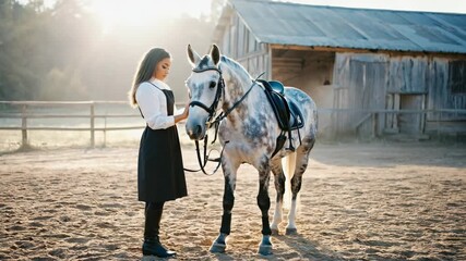 Beautiful girl interacts with horse in a serene barn setting