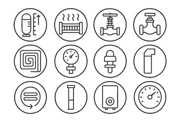 Boiler Component Icons. Line style round vector icons of Boiler Components: Water Level Indicator, Fuel Grate, Heat Pipe,
