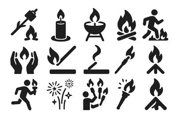 Fire Activity Icons. Solid style icons of Fire activities: roasting marshmallow, lighting candle, grilling, bonfire night, warming