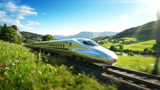 High-speed silver bullet train races across scenic countryside landscape under a bright blue summer sky