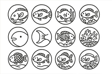 Naklejka premium Parrotfish Line Icons. Line style icons of parrotfish in round shape: grazing parrotfish, side-view parrotfish, parrotfish near