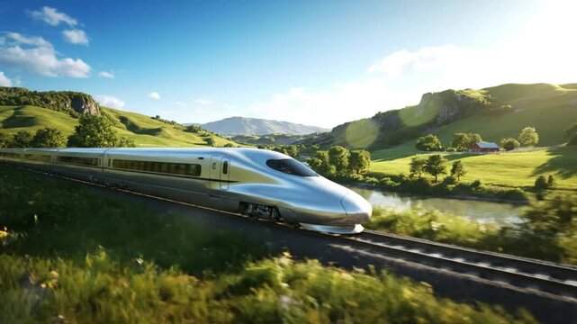 High-speed silver train travels along tracks through lush green countryside near a river on a sunny day