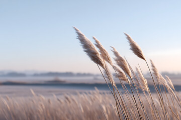nature photography, soft pale sunlight captured in a calm, muted color palette, with a macro focus on the first frost on dry grass