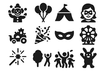 Festival Icons Collection. Solid style icons of Festival Fun: clown juggling, balloon bunch, carnival tent, parade float, confetti