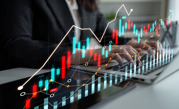 A business professional engages in financial analysis while utilizing a laptop. Graphs and charts highlight essential stock market trends and performance metrics. Scalp