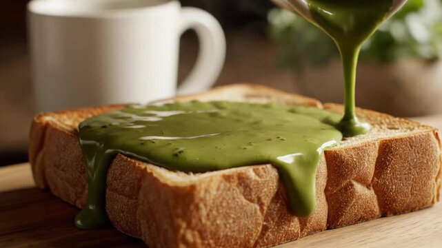 Green sauce pouring on toasted bread slice with a blurred background of a coffee cup and plants