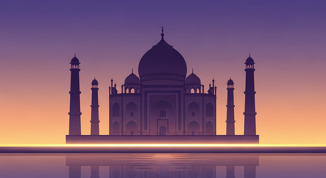 Majestic taj mahal reflecting in the yamuna river at dusk, showcasing intricate architecture and serene atmosphere with warm colors, evoking a sense of wonder and tranquility.
