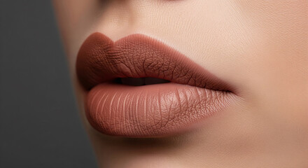 Extreme macro of perfectly shaped lips with a trendy brown and nude ombre matte lipstick. A concept for professional makeup artistry, cosmetics, and high-fashion beauty. Close-up detail of flawless