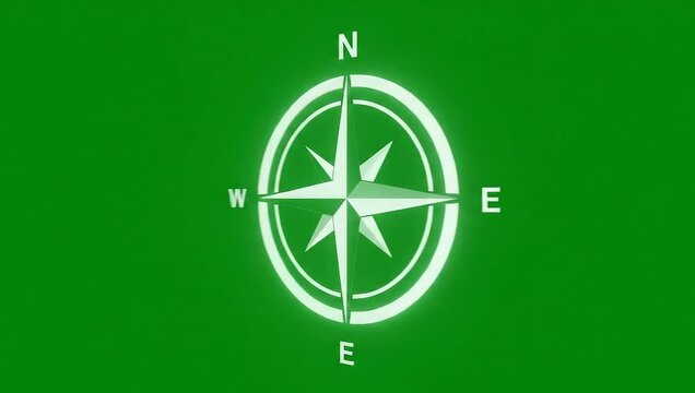 Minimalist 3D Digital Compass Rose Spinning and Locking on Green Screen Slomo