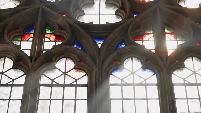 sunlit gothic cathedral rose window interior, radiant beams streaming through colored panes and ornate stone tracery, dust motes visible in warm light, soaring arches and vaulted nave framing medieval
