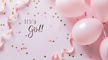Pink balloons and confetti on a light background. The text 'It's a Girl!' is prominently displayed. Perfect for baby shower celebrations.