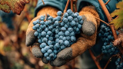 Ripe Grape Cluster Harvested by Farmer Hands in Vineyard During Warm Autumn Day