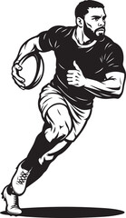 A dynamic black and white vector illustration of a muscular, bearded rugby player running with the ball.