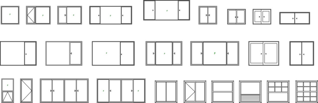 Extensive vector elevation set of diverse window and glass door styles for architectural building blueprints and facades.
