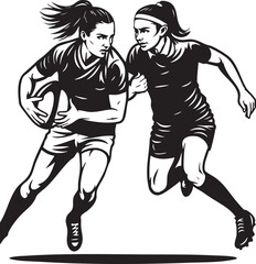 Two determined female rugby players in a dynamic black and white illustration, one carrying the ball while the other runs alongside.