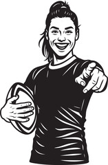 Enthusiastic woman pointing while holding a rugby ball, black and white vector.