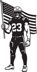 American football player in uniform holding the United States flag proudly.