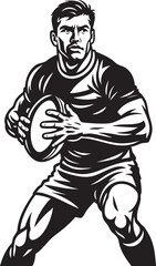 Rugby player holding ball, monochrome vector illustration.
