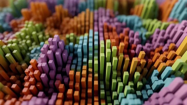 A vibrant, abstract digital landscape composed of numerous colorful vertical rectangular blocks of varying heights, creating a dynamic textured surface with shallow depth of field.