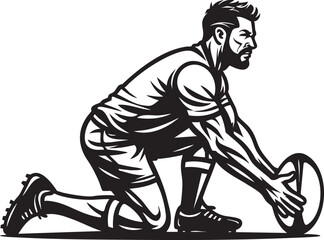 Black and white illustration of a rugby player kneeling with the ball in hand.
