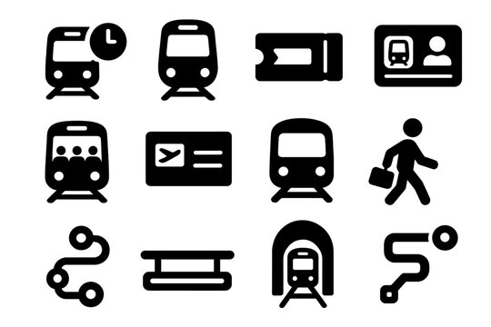 Commuting Icons. Solid style icons of commuting and public transit: train with clock, commuter rail icon, metro ticket, transit