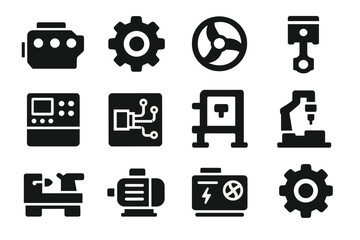 Industrial Machine Icons. Solid style icons of Machines: engine block, mechanical gear, turbine, piston, control panel, circuit