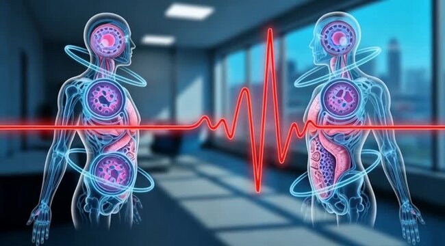Dynamic medical visualization of human anatomy with vibrant heart rate pulse, ideal for healthcare and science presentations, educational videos, and research