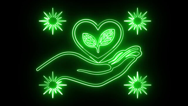 Modern Neon Eco Care Icon With Hand, Heart, Leaves and Spark Elements 4K Loop Animation.
