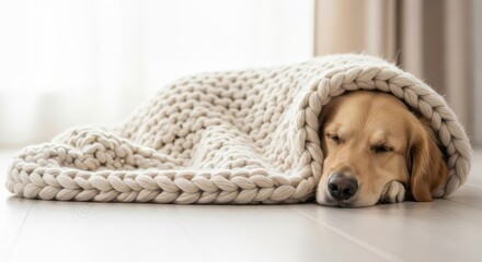 Golden retriever sleeping under cozy knitted blanket in winter