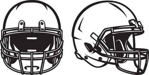 Black and white illustration of two football helmets, one viewed from the front and the other from the side.