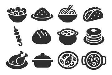 Solid Food Icons. Solid style icons of Dishes: salad bowl, rice plate, noodle dish, taco, kebab skewer, dumpling, curry pot,