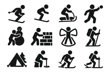 Winter Activities Icons. Solid style icons of snow-related activities: skiing icon, snowboarding figure, sledding down hill,