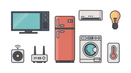 "Home Appliances Illustration | Digital Icons of TV, Refrigerator, Washer, AC, Light Bulb, Router | Modern Home Devices | Flat Design"
