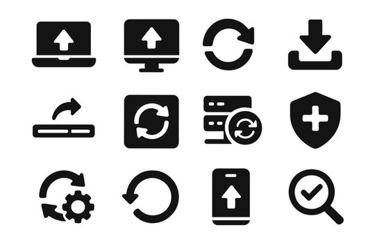 Update Process Icons. Solid style icons of update processes: software update, system upgrade, progress arrow, install update icon,