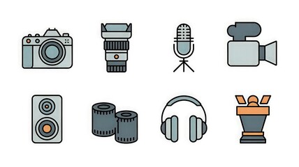 "Photography and Media Equipment Icons | Camera, Microphone, Video Camera, Speakers, Headphones, Film Rolls, and Award Trophy"