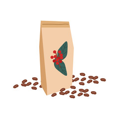  illustration of a coffee bag with scattered coffee beans, featuring a decorative label inspired by coffee plant leaves and berries