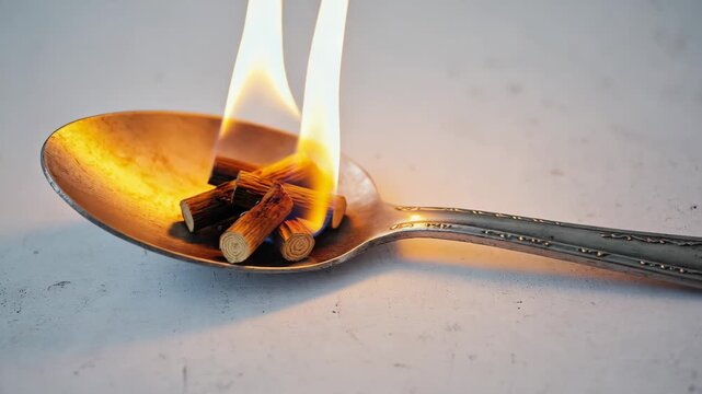 Small fire in a spoon gives warmth and light for camping