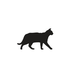 A silhouette of a cat walking from left to right on a white background in a simple minimalistic style