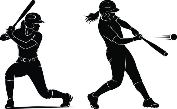 Female softball batter silhouettes swinging bat and hitting ball