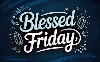 Blessed friday text in stylized chalk lettering on a dark blue chalkboard background with lanterns and light bursts