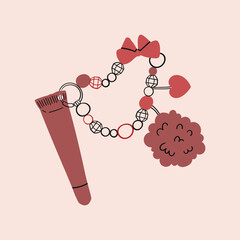 Pink lip gloss with a pendant. A decorative cosmetic. Makeup and beauty. Hand drawn. Isolated vector illustration.