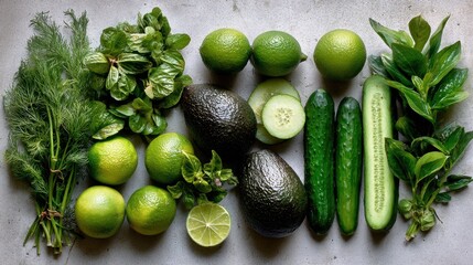 Fresh green vegetables including avocados, cucumbers, limes and aromatic herbs on concrete surface, representing healthy plant-based ingredients and clean eating lifestyle concept