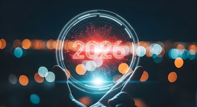 Futuristic glowing orb with the year 2026 displayed in vibrant neon lights