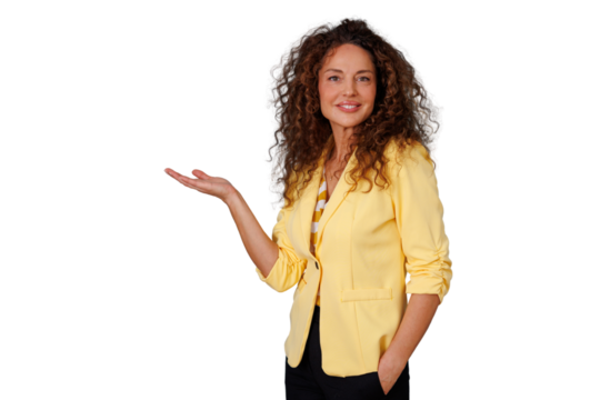 Professional woman presenting, holding open hand for copy space, inviting and introducing ideas on transparent background