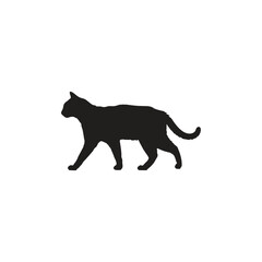 A silhouette of a cat walking with its tail curled up on a white background in a simple illustration