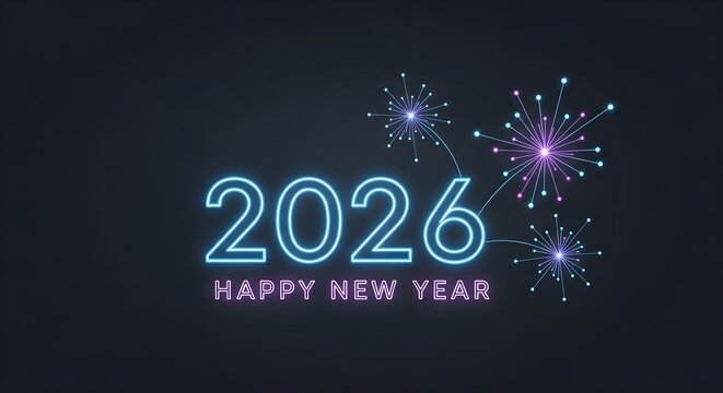 Bright neon blue 2026 text with fireworks celebrating happy new year on dark background