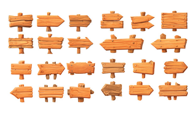 Blank wooden signs cartoon vector set. Rustic planks wood board road way direction pointers old western lumber slab pathway guide vintage frontier markers game asset isolated on white