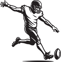 Black and white vector illustration of an American football player in uniform kicking the ball.