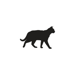 A silhouette of a cat walking on a white background with its tail up and ears perked looking alert