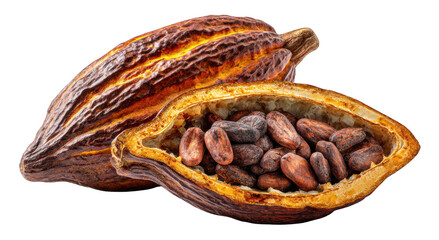 Cocoa pod cut open with cacao beans inside, isolated on transparent background, realistic tropical fruit composition, sharp clarity